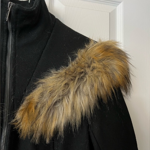 RACHEL Rachel Roy Black Wool Blend Trench Coat with Fur Trim - Picture 2 of 11